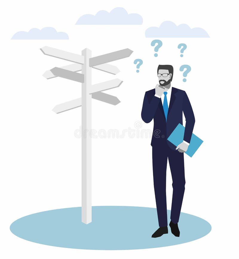 Executivos dos conceitos Homem de negócios que está em uma estrada transversaa e que olha setas direcionais dos sinais Ilustração ilustração royalty free Executivos dos conceitos Homem de negócios que está em uma estrada transversaa e que olha setas direcionais dos sinais Ilustração ilustração royalty free