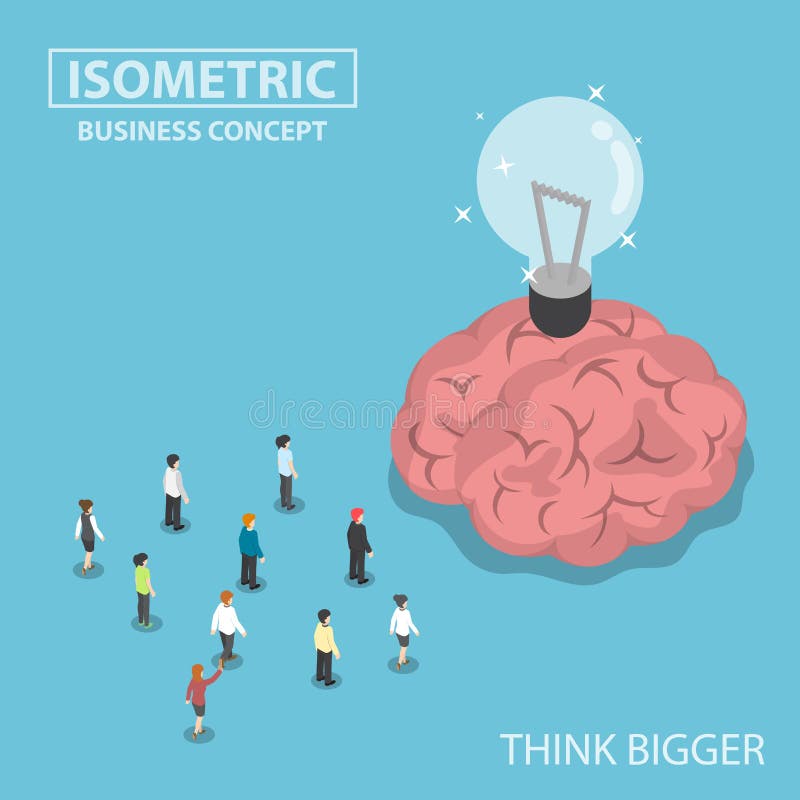 Executivos isométricos que estão na frente do cérebro grande e ilustração do vetor Executivos isométricos que estão na frente do cérebro grande e ilustração do vetor