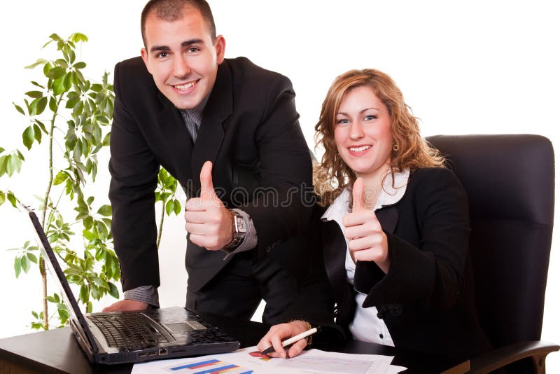 Happy young business colleagues are very satisfied with their work. Happy young business colleagues are very satisfied with their work