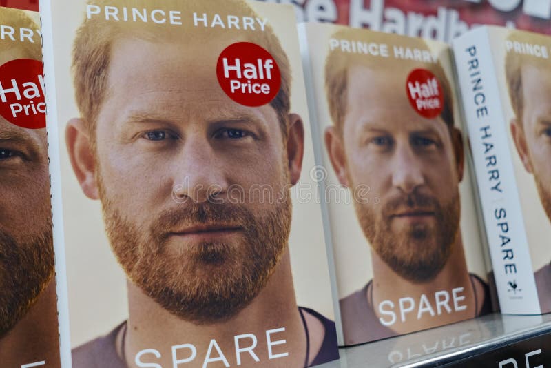 Copies of Prince Harry`s new book Spare on sale at half price in a WHSmith shop in Wakefield, West Yorkshire the day after going on sale. Copies of Prince Harry`s new book Spare on sale at half price in a WHSmith shop in Wakefield, West Yorkshire the day after going on sale