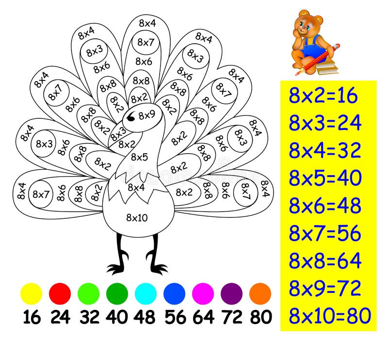 Exercise for children with multiplication by eight - need to paint image in relevant color. vector illustration