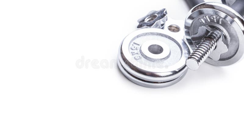 Exercise equipment dumbbell weights isolated on white background stock image