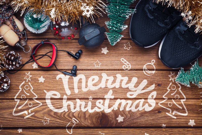 Exercise, Fitness and Working Out Merry Christmas and Happy new year Festive healthy lifestyle background concept. Dumbbells