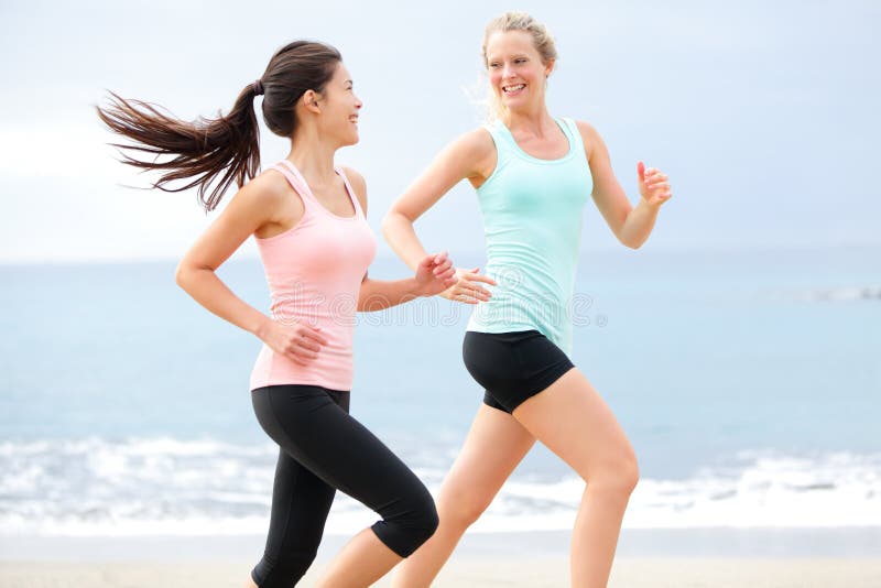 Exercise Running Women Jogging Happy on Beach Stock Image - Image