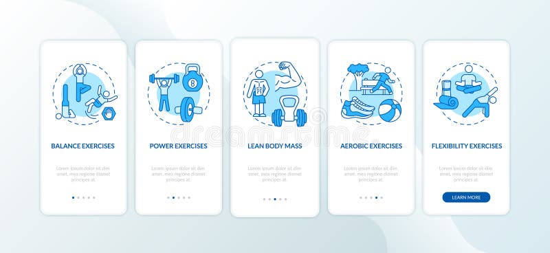 Exercises blue onboarding mobile app page screen with concepts. Aerobics workout. Physical health walkthrough 5 steps graphic instructions. UI vector template with RGB color illustrations