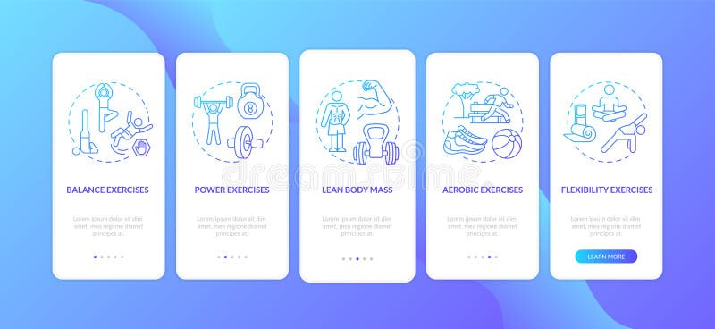 Exercises dark blue onboarding mobile app page screen with concepts royalty free illustration