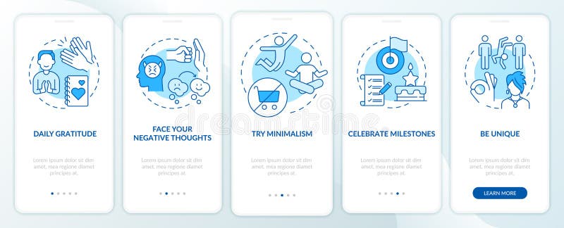 Exercises for self appreciation blue onboarding mobile app screen stock illustration