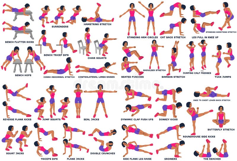Exersice de sport Silhouettes de femme faisant l'exercice Séance d'entraînement, s'exerçant illustration stock