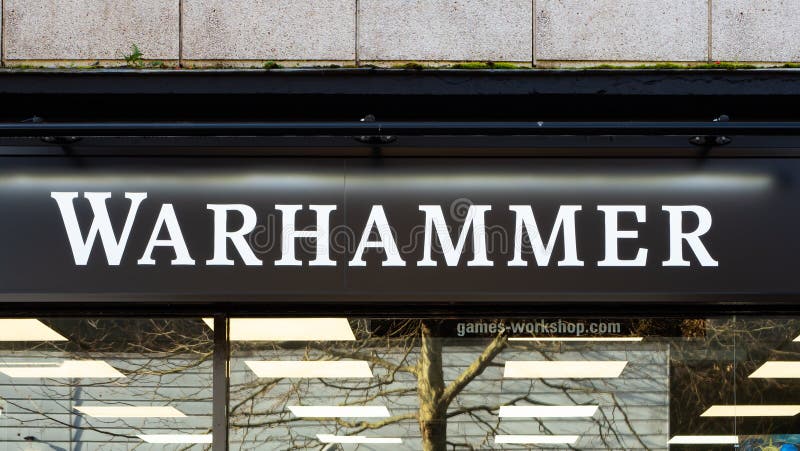 EXETER, DEVON, UK - February 01 2020: Warhammer shop signage on South Street royalty free stock image EXETER, DEVON, UK - February 01 2020: Warhammer shop signage on South Street royalty free stock image