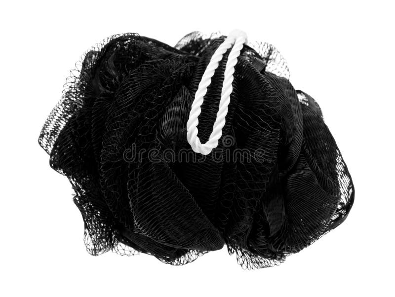 Exfoliating black mesh sponge on a white background stock image