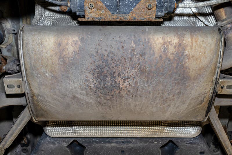 The Exhaust System in the Car Seen from Below, the Car is on the Lift