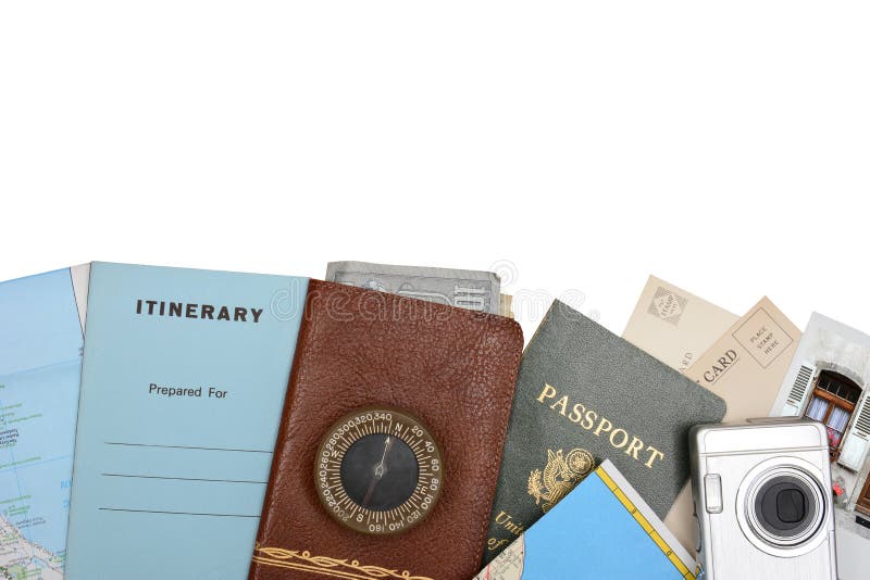 Flat lay display of travel documents and accessories, passport, camera, compass, itinerary and map. Flat lay display of travel documents and accessories, passport, camera, compass, itinerary and map