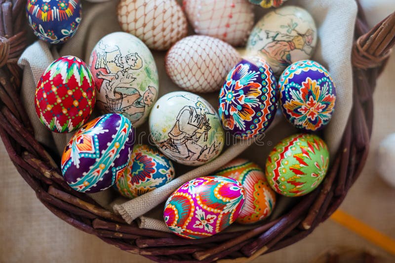 HUMENNE, SLOVAKIA - APRIL 14, 2019: Hundreds of Easter eggs, decorated in a special way, typical for this region is exhibited at 27th international Carpathian Easter Egg exhibition. Event is organized by Vihorlat Museum of Humenne, Slovakia. HUMENNE, SLOVAKIA - APRIL 14, 2019: Hundreds of Easter eggs, decorated in a special way, typical for this region is exhibited at 27th international Carpathian Easter Egg exhibition. Event is organized by Vihorlat Museum of Humenne, Slovakia