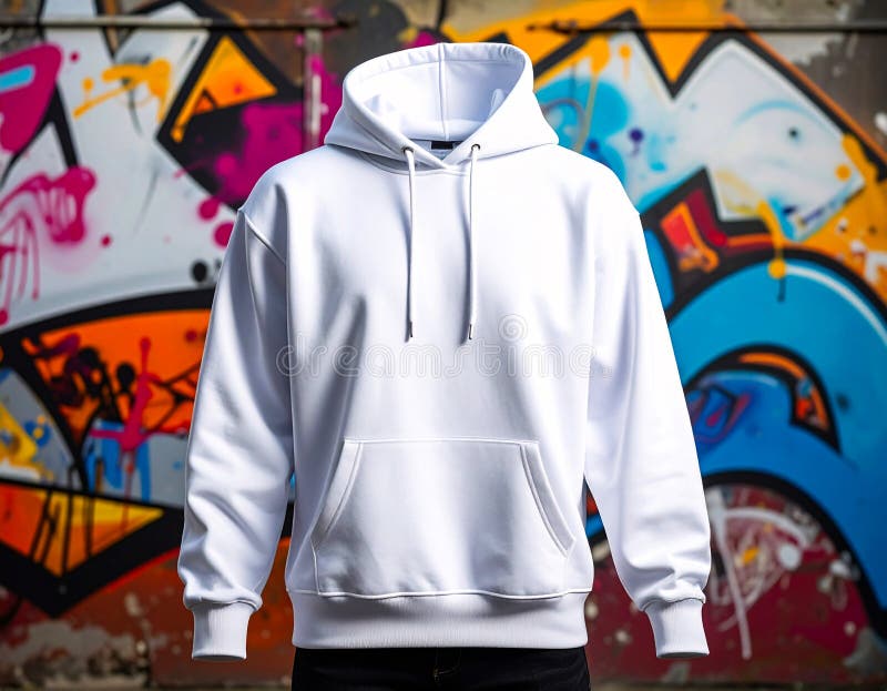 Conceito de apresentação de streetwear, um modelo de capuz com um fundo de parede de grafite ilustração stock
