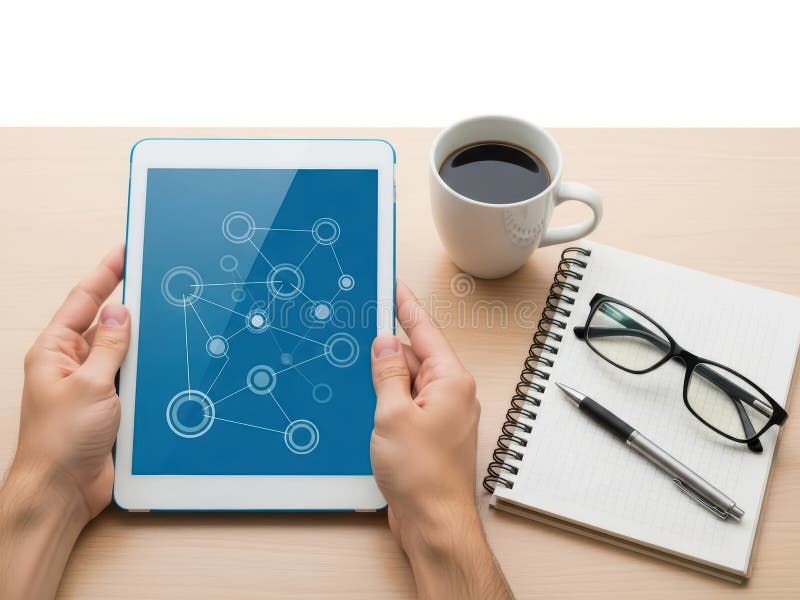 Exibição de Tablet com Diagrama de Rede, Café e Bloco de Notas, Conceito de Tecnologia ilustração stock