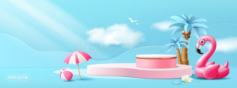 Exibição de verão rosa flamingo inflável, flagrante, coqueiros de praia guarda-chuva ilustração do vetor