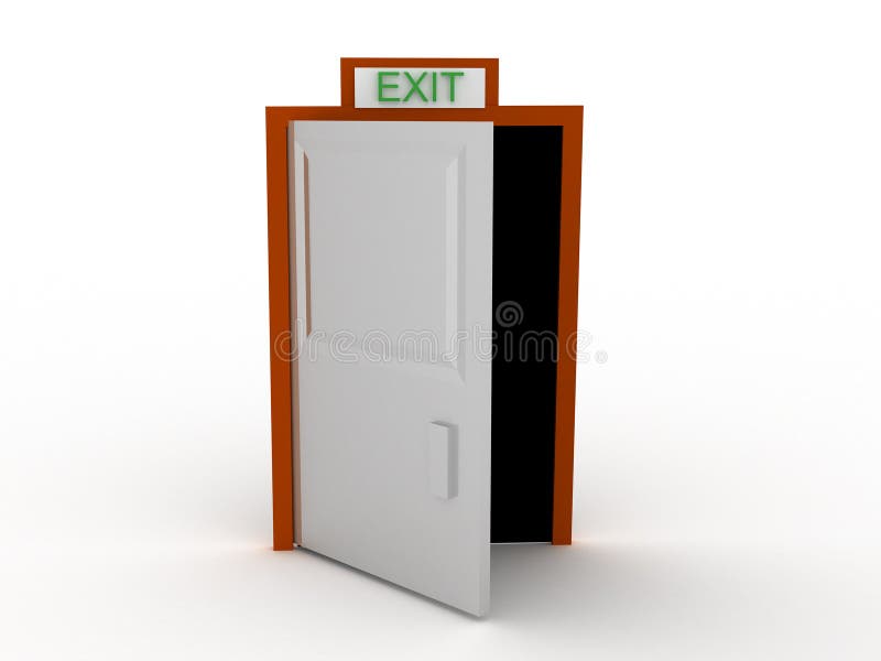 Rendering 3d di aprire grigio porta con la scritta Exit.