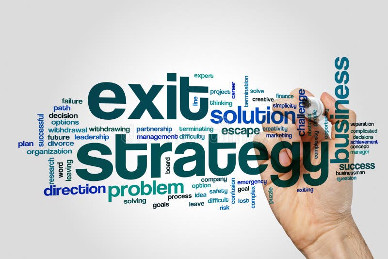 Exit strategy word cloud concept. Exit strategy word cloud on grey background stock photo
