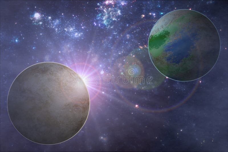 Deep space exoplanet illustration,two alien planets on blue starfield. Deep space exoplanet illustration,two alien planets on blue starfield