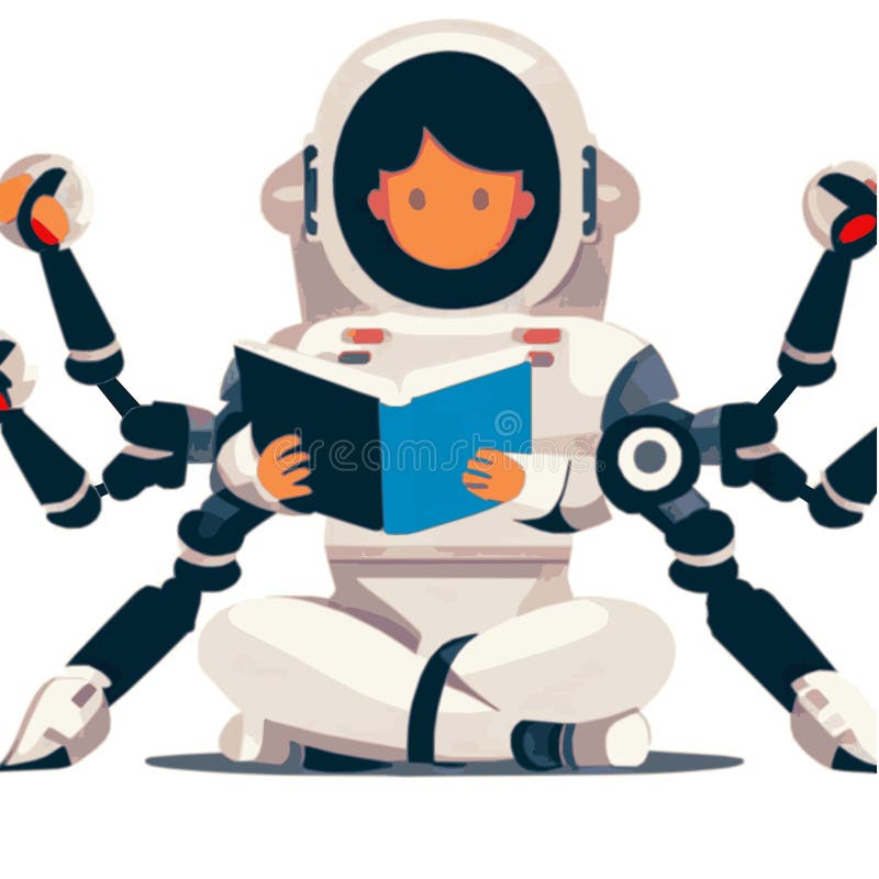 Exoschelet de astronaut cu șase carnet de citire a armelor robotizate pe site-ul vectorului vector illustration