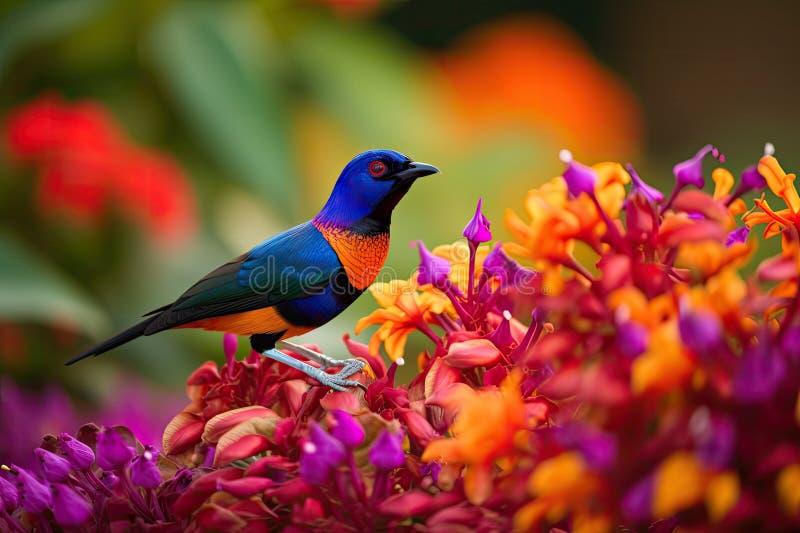 Exotic Bird Perched on Flower, Showcasing Its Vibrant Colors Stock ...