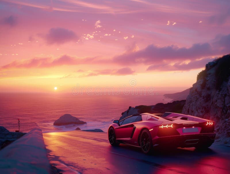 Exotic destination road trip luxury sports car on a coastal road sunset over the ocean stock illustration