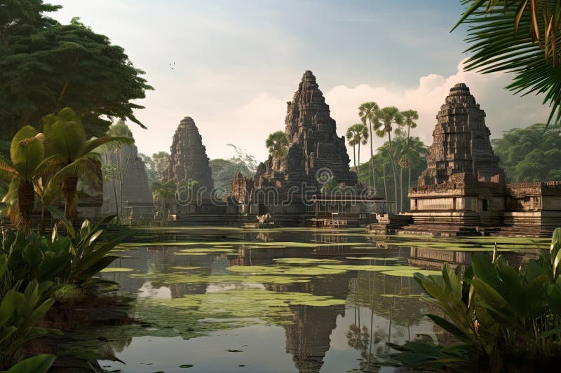 Exotic destination, with view of ancient ruins and temple in the background vector illustration