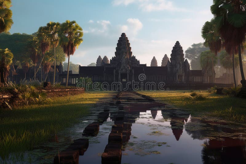 Exotic destination, with view of ancient ruins and temple in the background stock illustration
