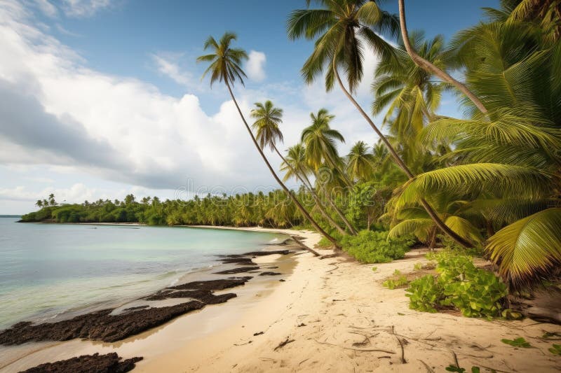 Exotic destination, with view of a beach, surrounded by palm trees, created with generative ai