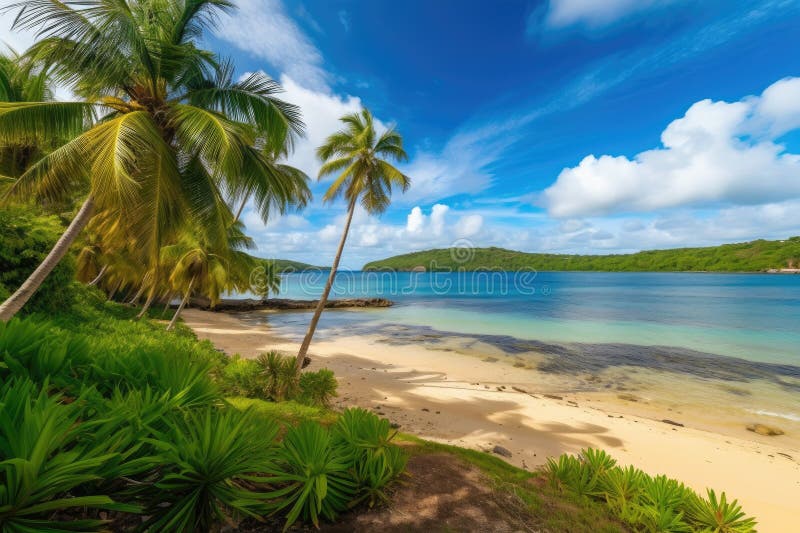 Exotic destination, with view of a beach, surrounded by palm trees stock illustration