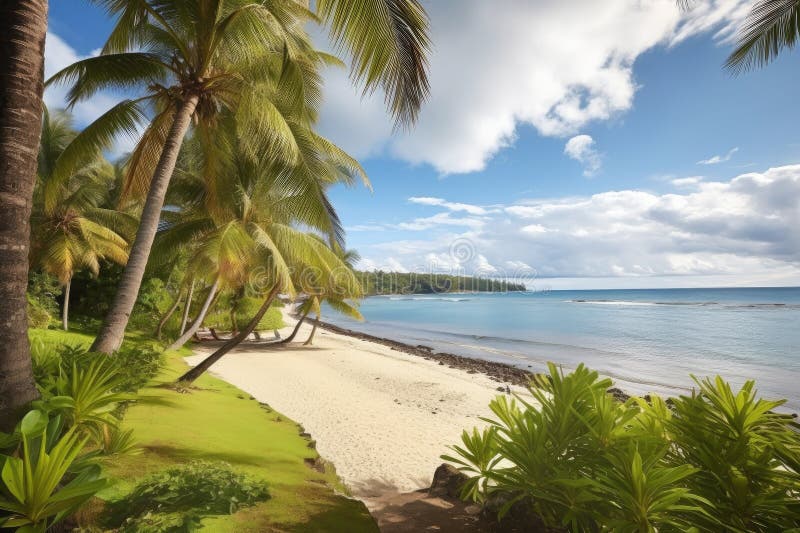 Exotic destination, with view of a beach, surrounded by palm trees vector illustration