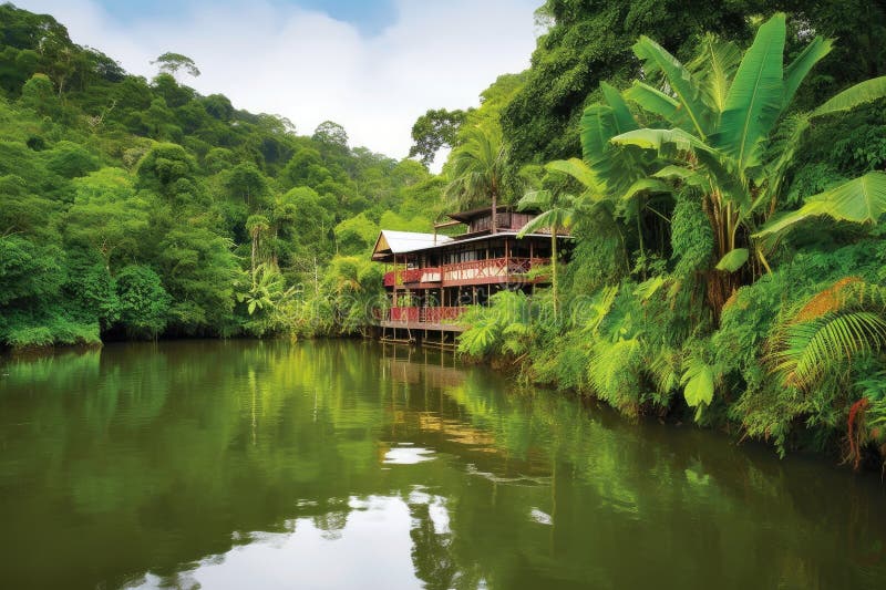 Exotic destination, with view of a lush rainforest and tranquil river stock illustration