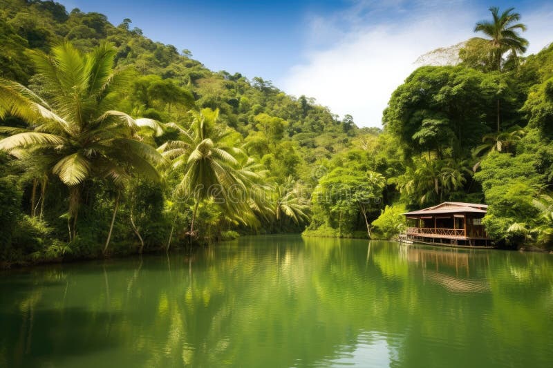 Exotic destination, with view of a lush rainforest and tranquil river royalty free illustration