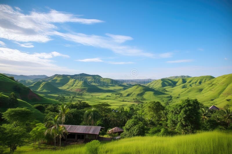 Exotic destination with view of rolling green hills and blue skies stock illustration