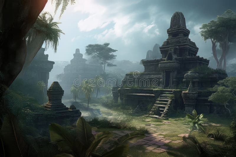 Exotic destination, with view of the ruins of an ancient temple vector illustration