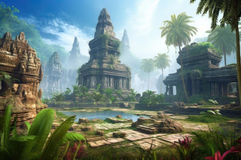 Exotic destination, with view of the ruins of an ancient temple stock illustration