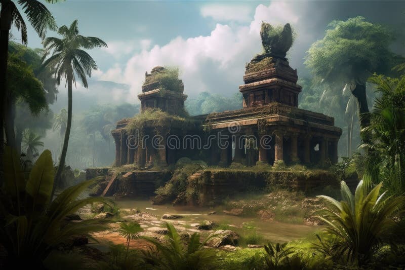 Exotic destination, with view of the ruins of an ancient temple stock illustration