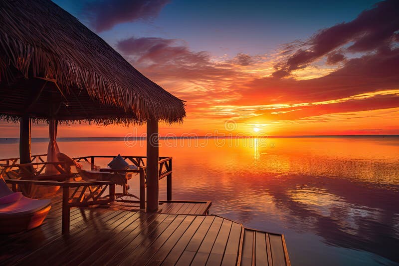 Exotic destination, with view of the sun setting over the horizon royalty free illustration