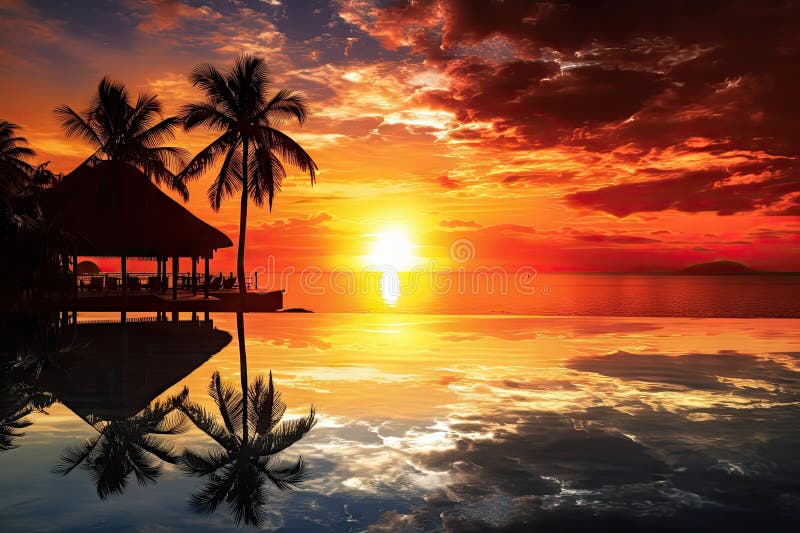 Exotic destination, with view of the sun setting over the horizon royalty free illustration