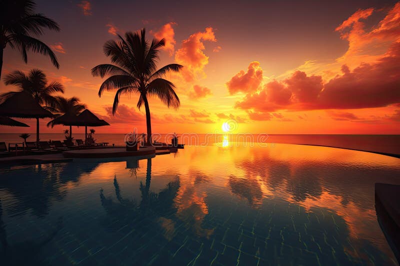 Exotic destination, with view of the sun setting over the horizon stock illustration