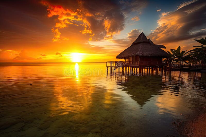 Exotic destination, with view of sun setting over the water stock illustration