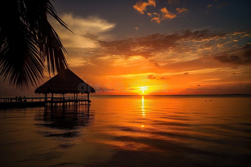 Exotic destination, with view of sun setting over the water vector illustration