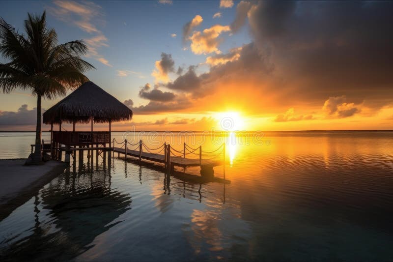 Exotic destination, with view of sun setting over the water royalty free illustration