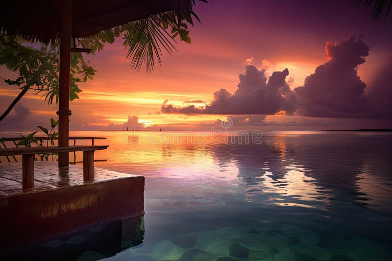 Exotic destination, with view of the sunrise in the horizon stock illustration