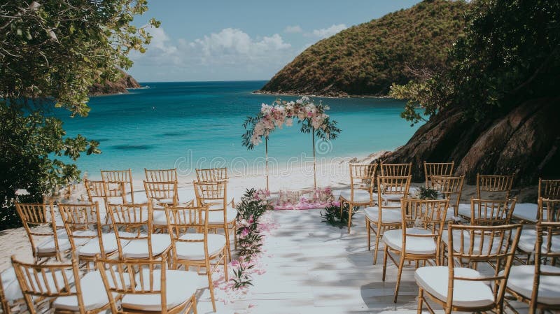 Exotic destination wedding setup overlooking turquoise ocean waters for romantic beach ceremony vector illustration