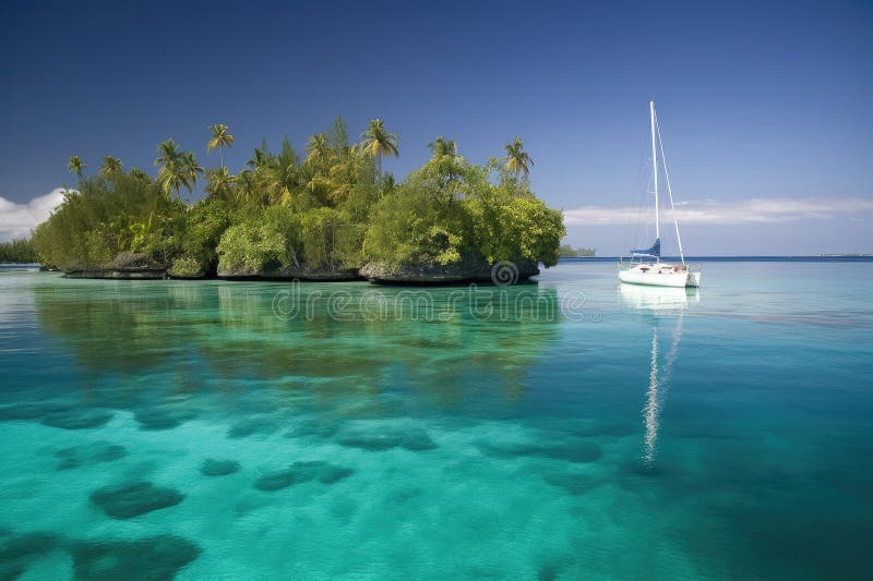 Exotic destination, with yacht anchored in serene lagoon stock illustration