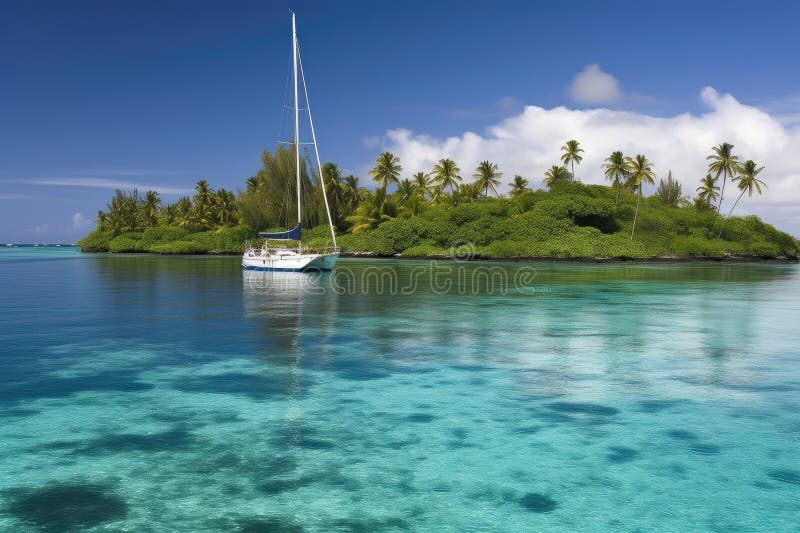 Exotic destination, with yacht anchored in serene lagoon royalty free illustration