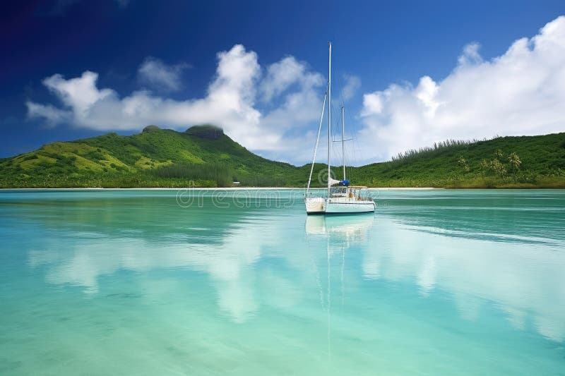 Exotic destination, with yacht anchored in serene lagoon vector illustration