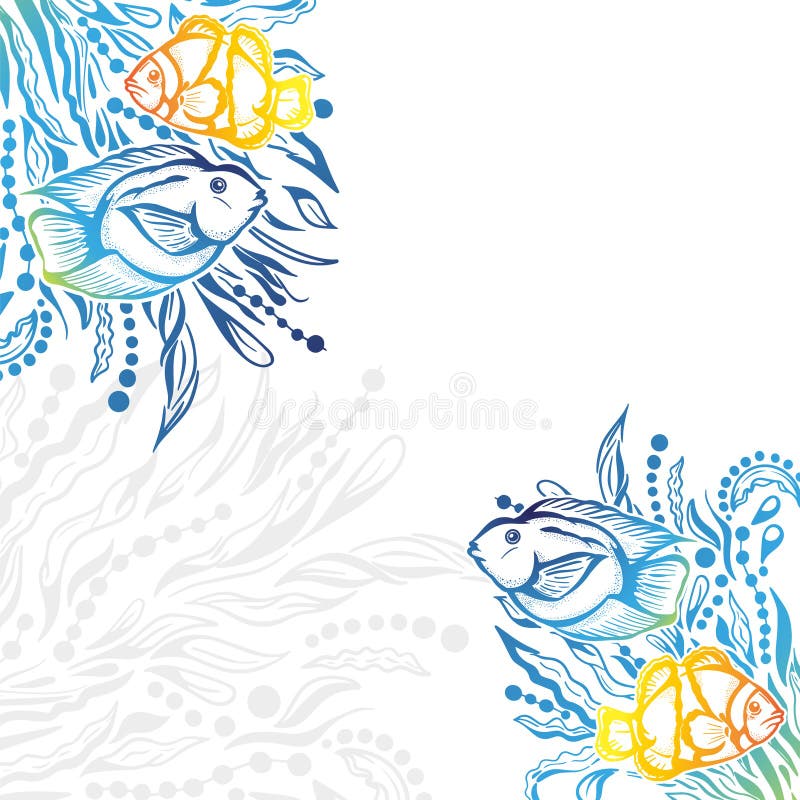 Exotic Fishes of Coral reef against abstract pattern. Good for tshirt prints and souvenirs and sale banner.