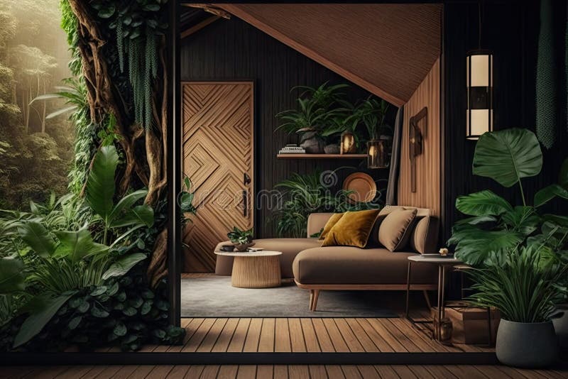 Exotic Interior of Hut in Jungle Interior Design with Wooden Walls and ...